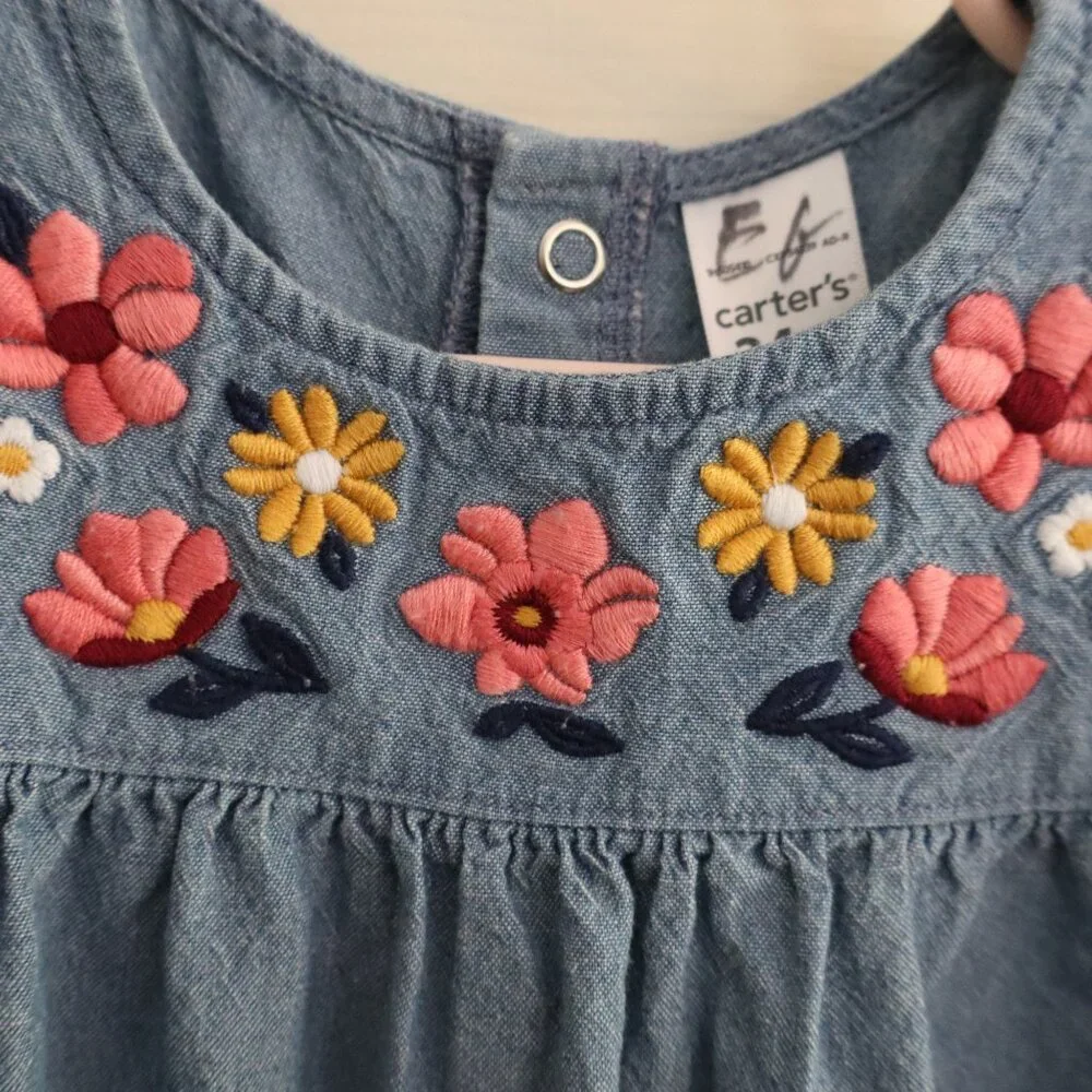 Carters Ruffle sleeve and long pant romper with floral embroidery detail 24m